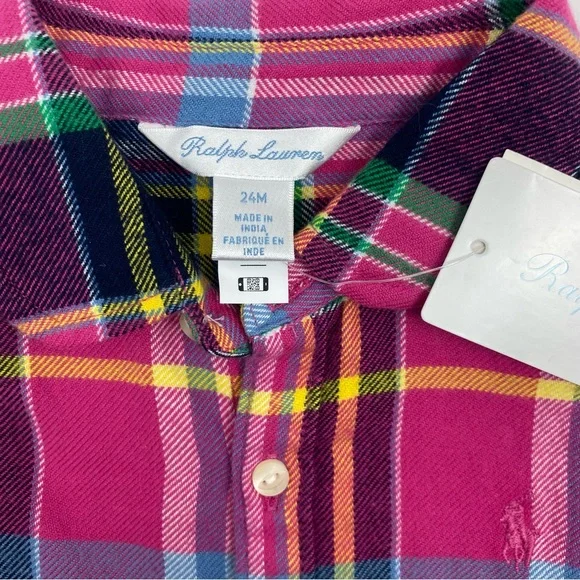 Ralph Lauren Plaid Cotton Twill Shirtdress & Bloomer Pink Size 24 Months NWT - Picture 4 of 6
